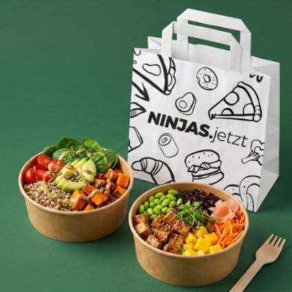 Ninjas.jetzt Einkaufstüte aus Papier mit 2 Schüsseln daneben