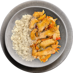 Fit2go Hühnerstreifen mit Wokgemüse und Basmatireis